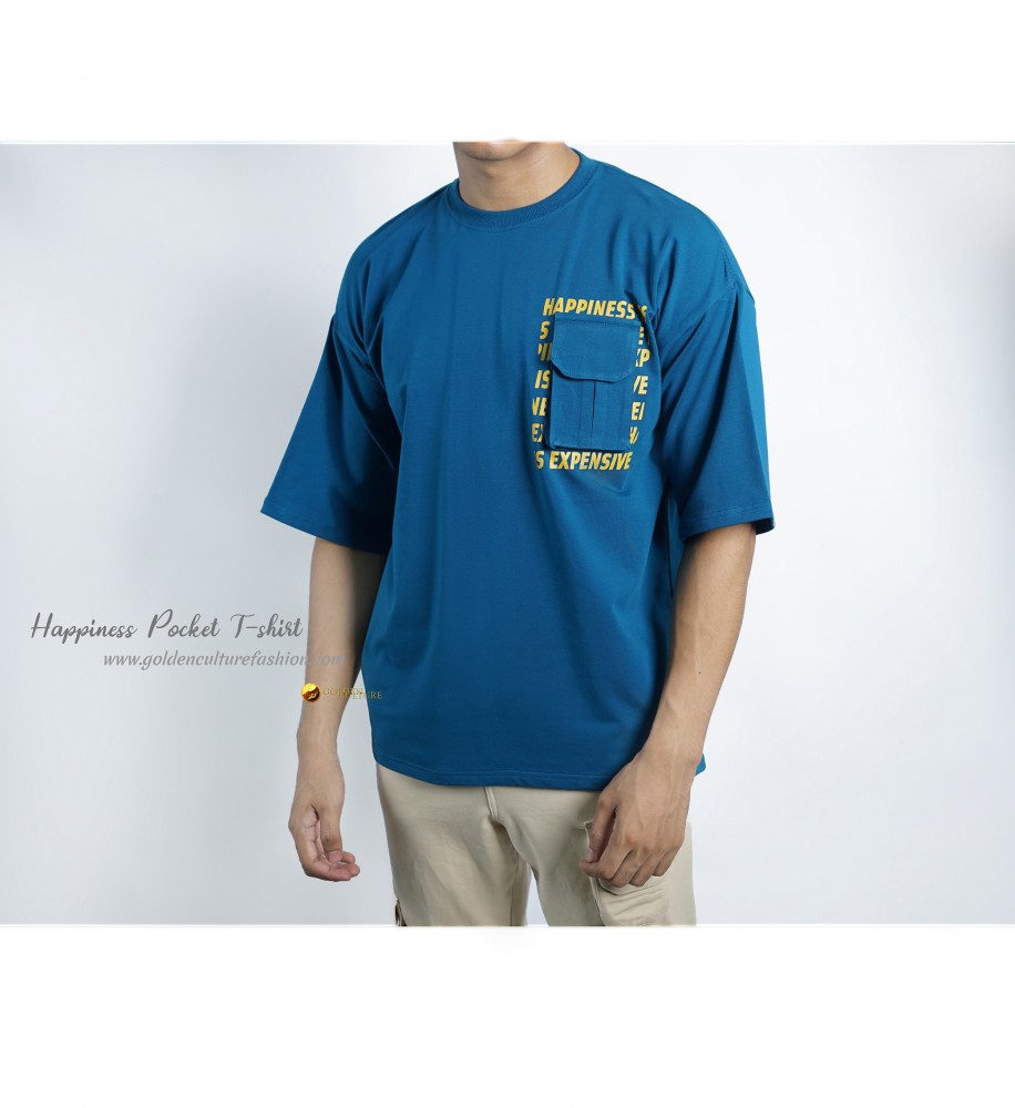 HAPPINESS IS EXPENSIVE Pockets Oversized T-Shirt (Neavy Blue)